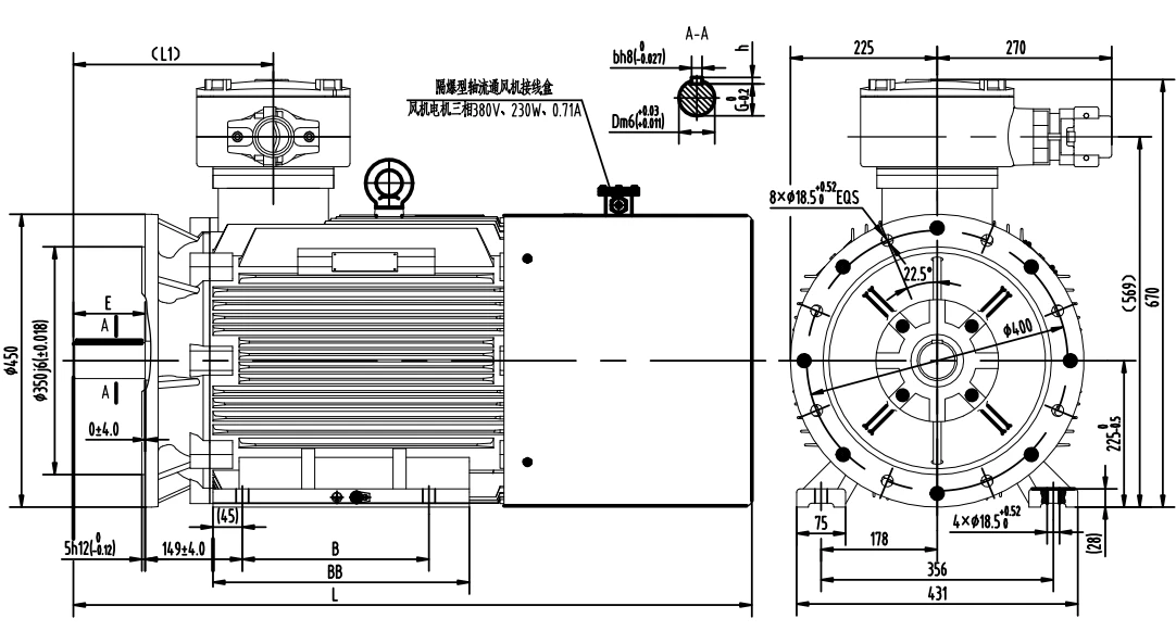 outline dimension of b3 foot mounted motor